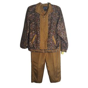 VTG 80s Anney Silk Nylon Track Suit Womens Size Med Jacket Pants Gold Geometric